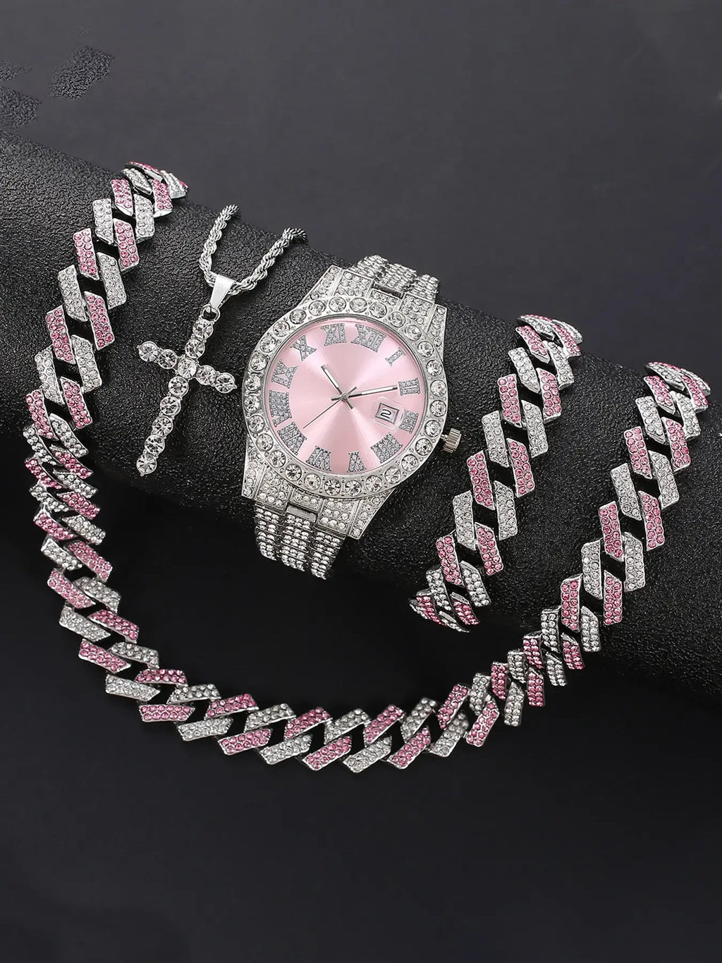 Trendy Silver Plated Full Diamond Women Quartz Watch Multipack Pink White Rhinestone Cuban Bracelet Cross Necklace Street Jewelr Qme Pink