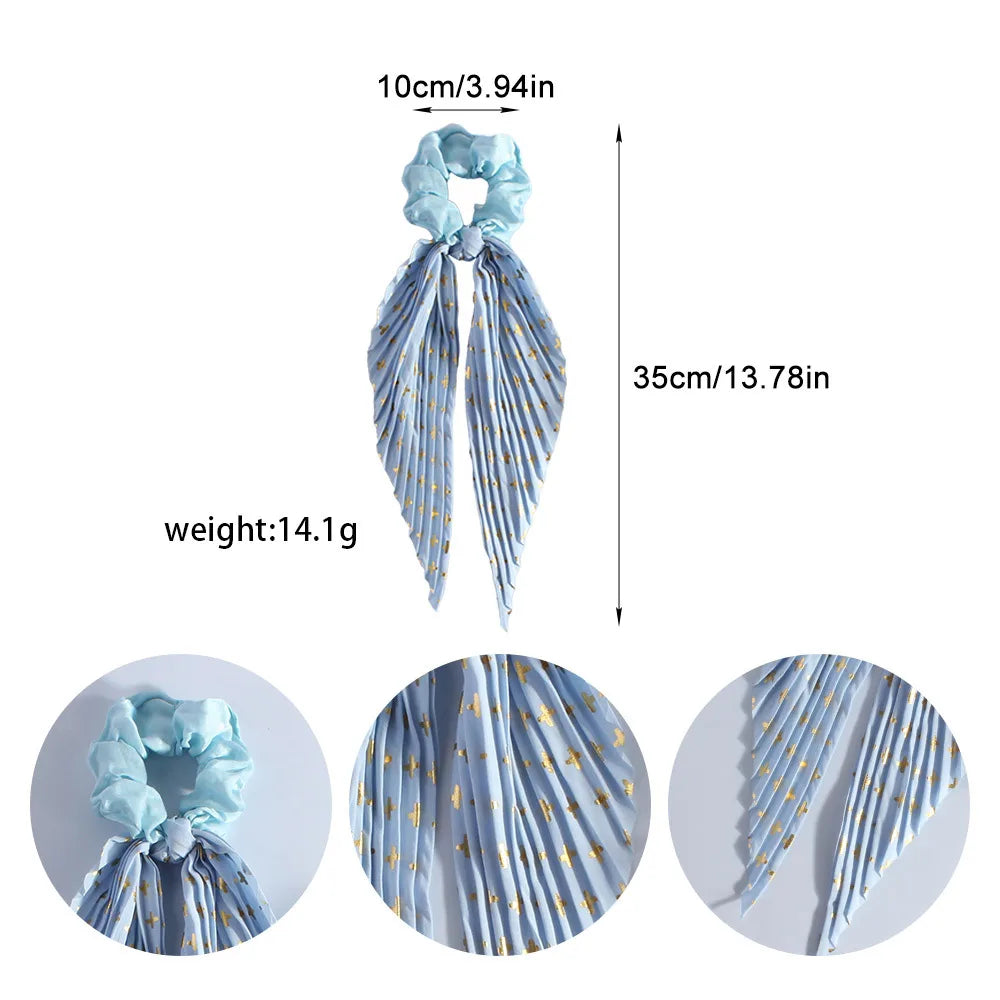 Handmade Pleated Hair Scrunchie with Long Ribbon,Elastic Hair Tie for Girls,Retro Ponytail Hair Rope Fashion Hair Accessories Qme