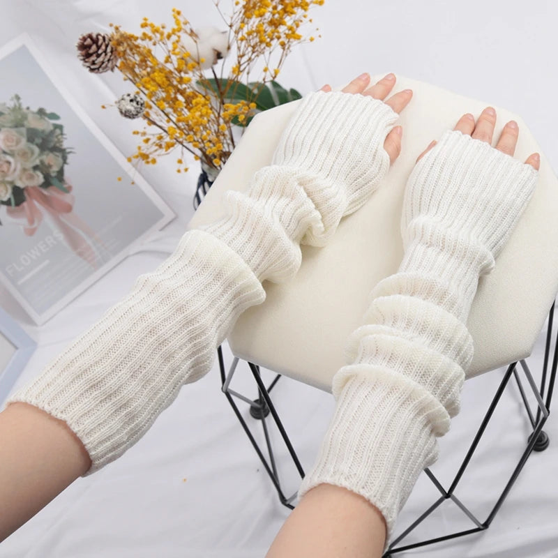 Women Long Fingerless Gloves Soft Female Glove Lolita Kawaii Mitten Qme WHITE length-52cm