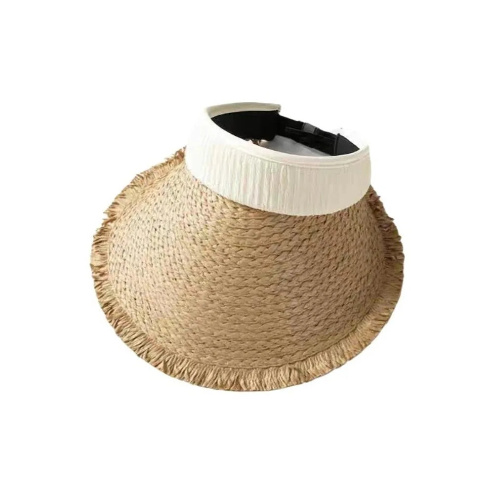 Fashion Woven Straw Visor Cap Sunscreen Hollow Empty Hat Big Head Qme Beige
