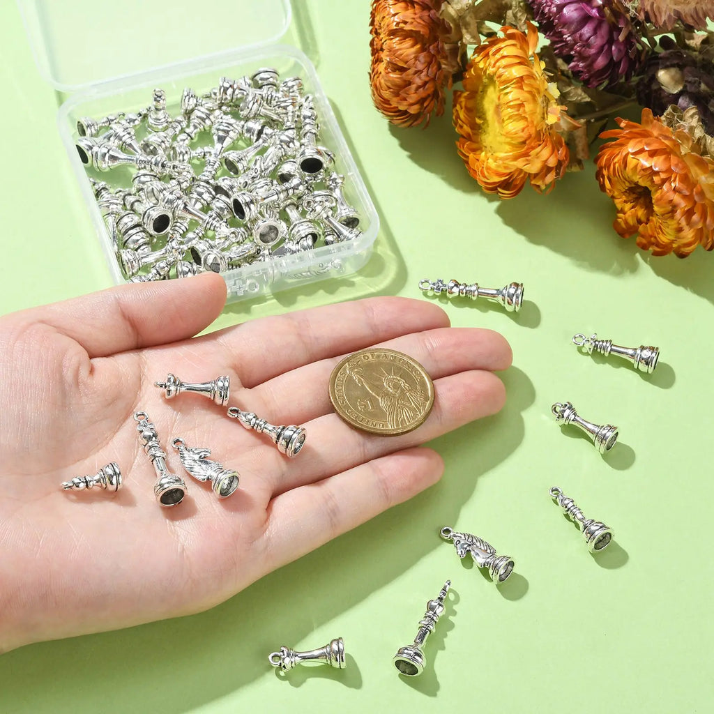 Pandahall 60Pcs 6 Styles Tibetan Chess Piece Charms 3D Internatiional Chess Piece Charms for Jewelry Making DIY Crafting Qme