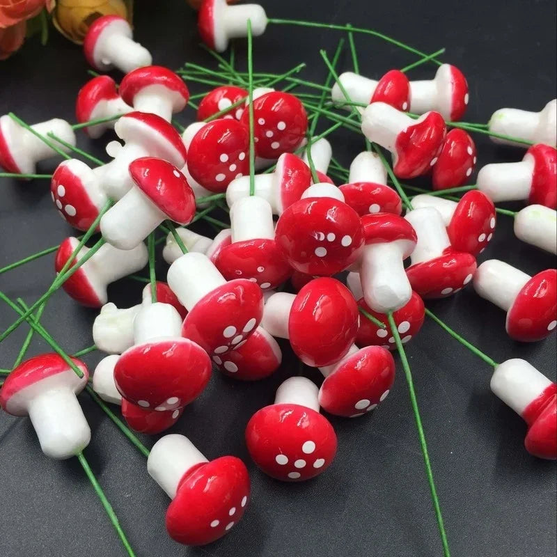 100/50/10PCS Mini Mushroom Fairy Garden Miniatures Resin Moss Terrarium Decor Artificial Plant Stakes DIY Craft Accessories Qme