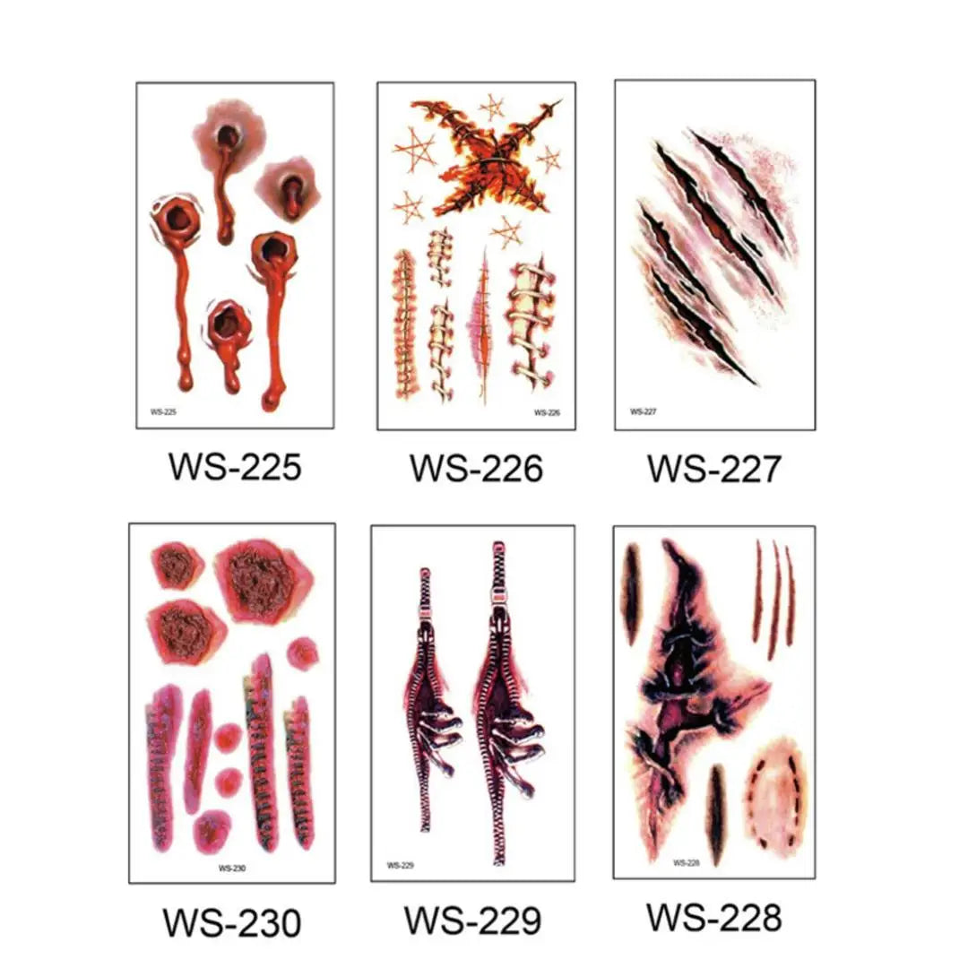 A 6Pieces Horror Wound Temporary Tattoos Waterproof Realistic Blood Tattoo Injury Scar Tattoo Stickers for Face Qme WS-225-228