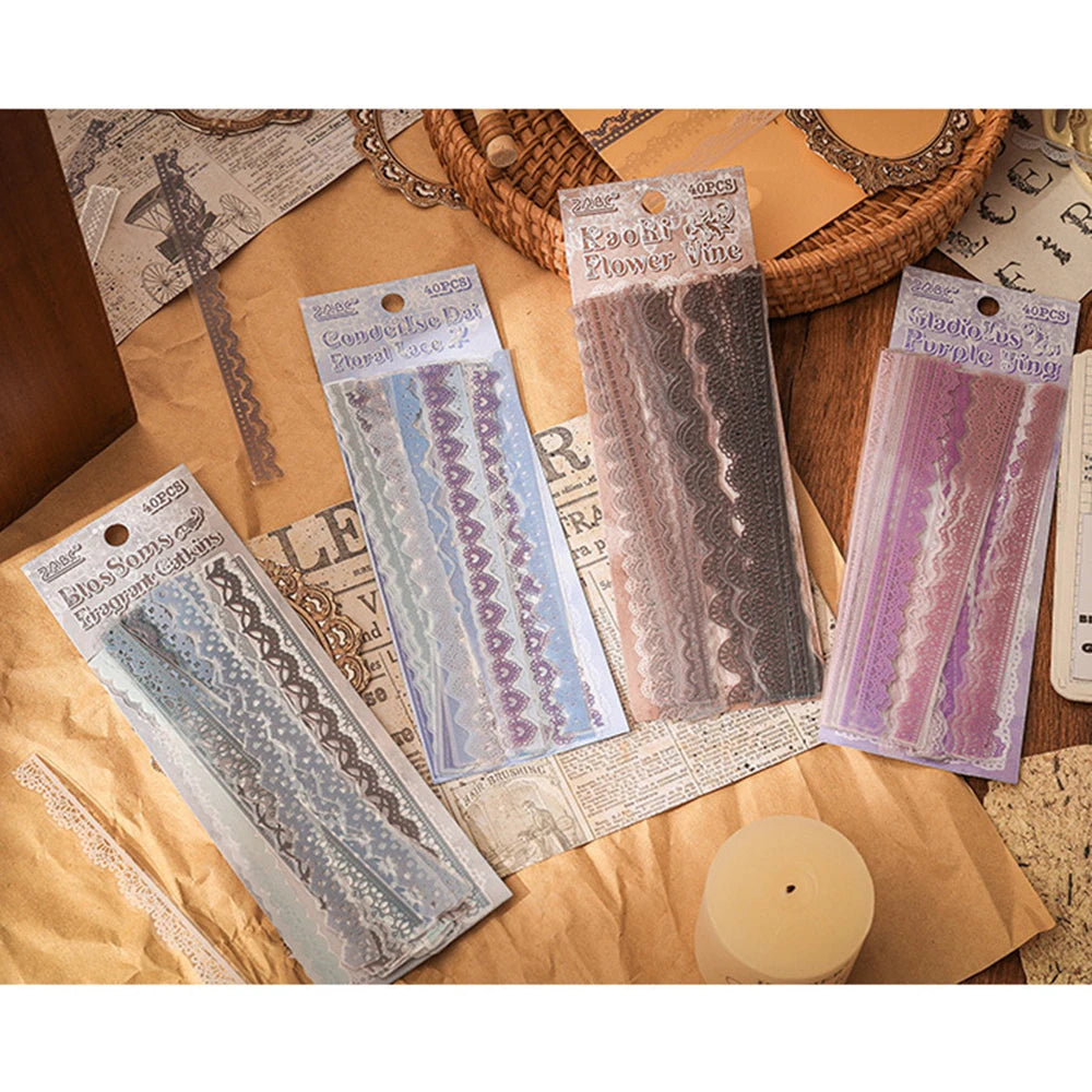 40 pcs Lace Stickers Cute Aesthetics Decor Collage Junk Journal Scrapbooking Supplies Self Adhesive Creative Stationery Sticker Qme