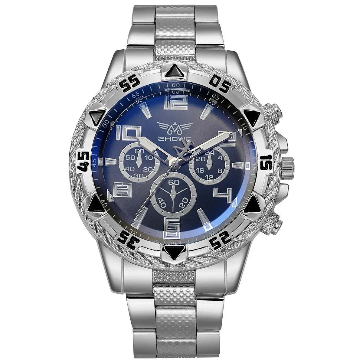 New Business Leisure Fashion Large Dial Alloy Steel Strip Blue Light Three Eye Men's Quartz Watch Qme