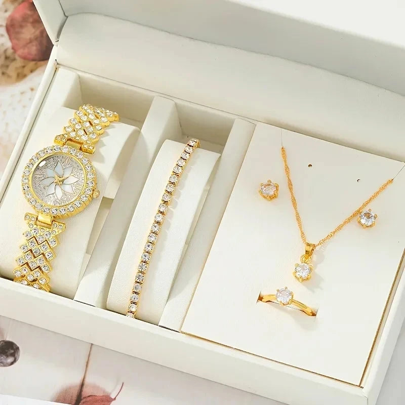 1Pc Of Round Hand Quartz Watch And 5Pc Of Jewelry Fancy Women Watches Jewelry Sophisticated And Stylish Women Watch Qme Gold