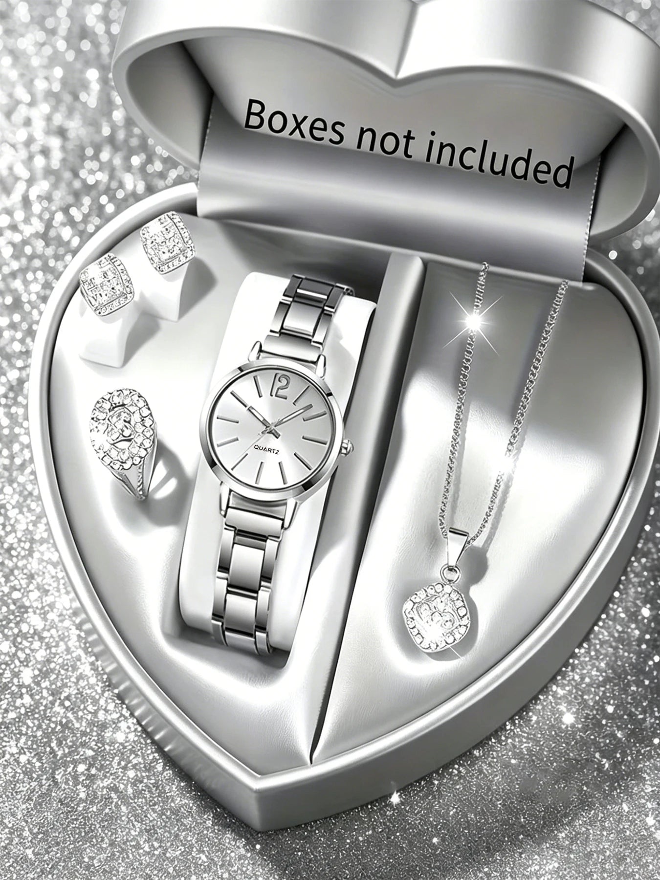 5-piece fashionable, elegant, and minimalist ladies' quartz watch set with round dial and exquisite design Qme Silver No