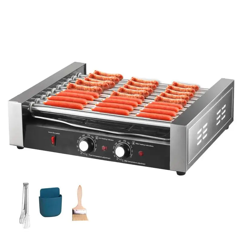 Commercial Hot Dog Roller 27 Hot Dogs 10 Rollers Electric Grill Roller Cooker 1700W Sausage Grill Cooker with Removable Oil Drip Qme