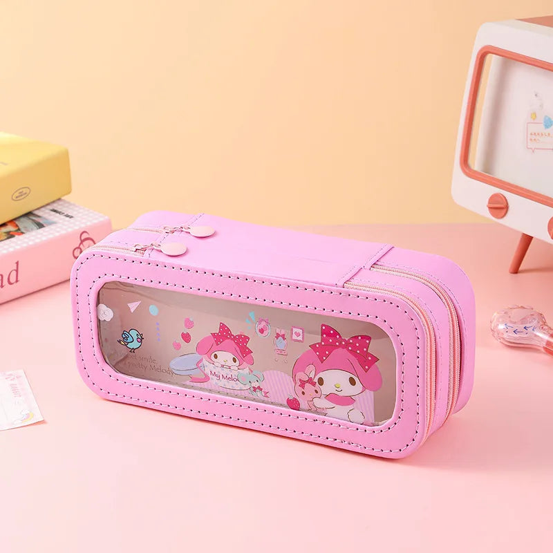 Hello Kitty Kuromi Transparent Double-Layer Pencil Case with Window Large-Capacity, Stylish Pencil Case Student Pencil Case Qme 4