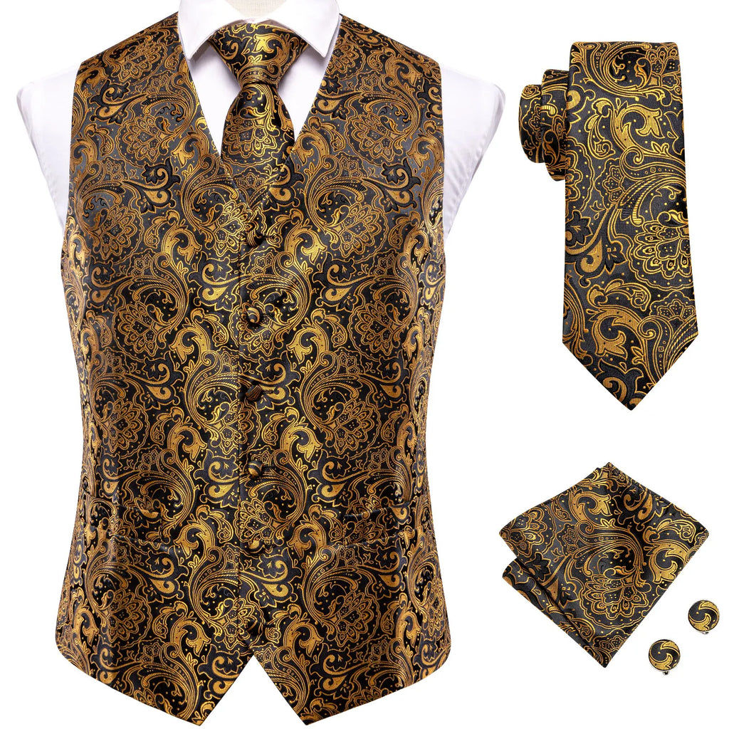 Luxury Mens Black Golden Vest Tie Hanky Cufflinks Jacquard Floral Qme MJTZ3011 XL