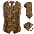 Luxury Mens Black Golden Vest Tie Hanky Cufflinks Jacquard Floral Qme MJTZ3011 XL