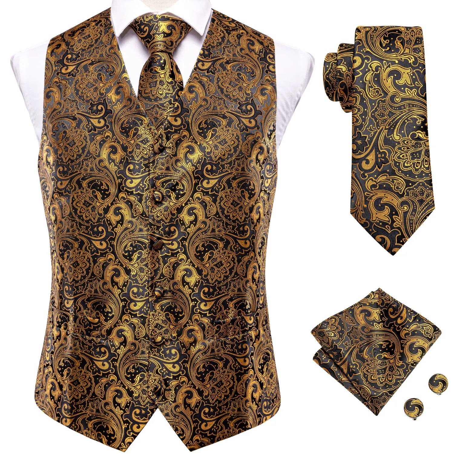 Luxury Mens Black Golden Vest Tie Hanky Cufflinks Jacquard Floral Qme MJTZ3011 XL