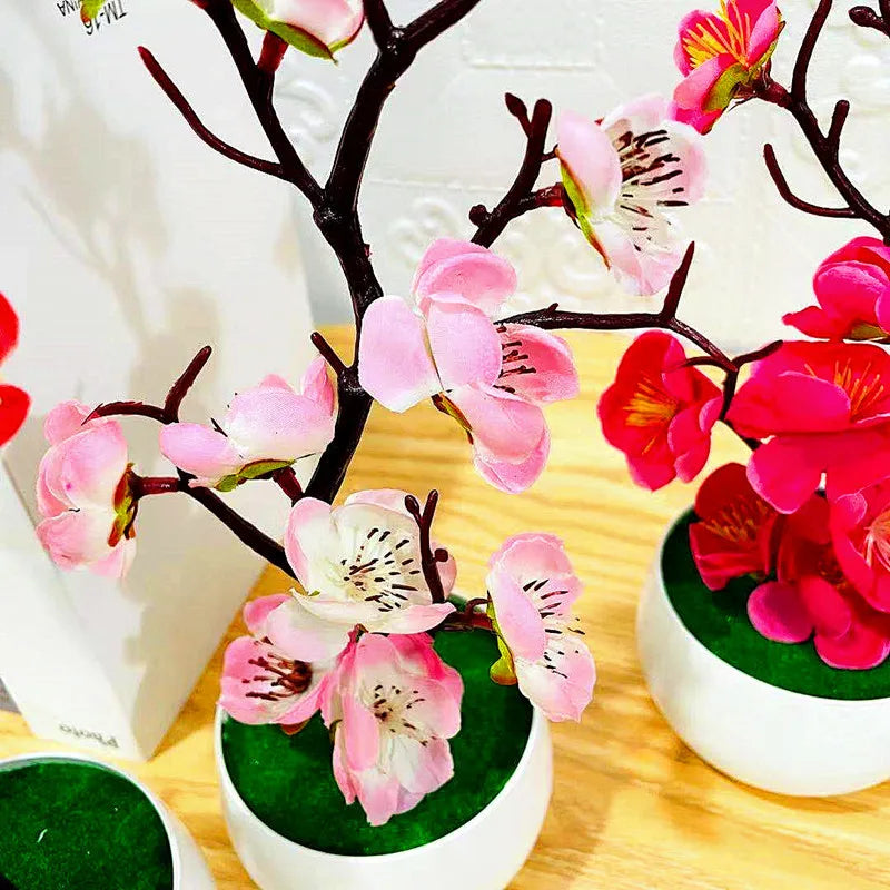 Simulation Plum Flower Pot Plant Artificial Plastic Fake Flowers Home Office Desktop Ornaments Wedding Party Background Decor Qme