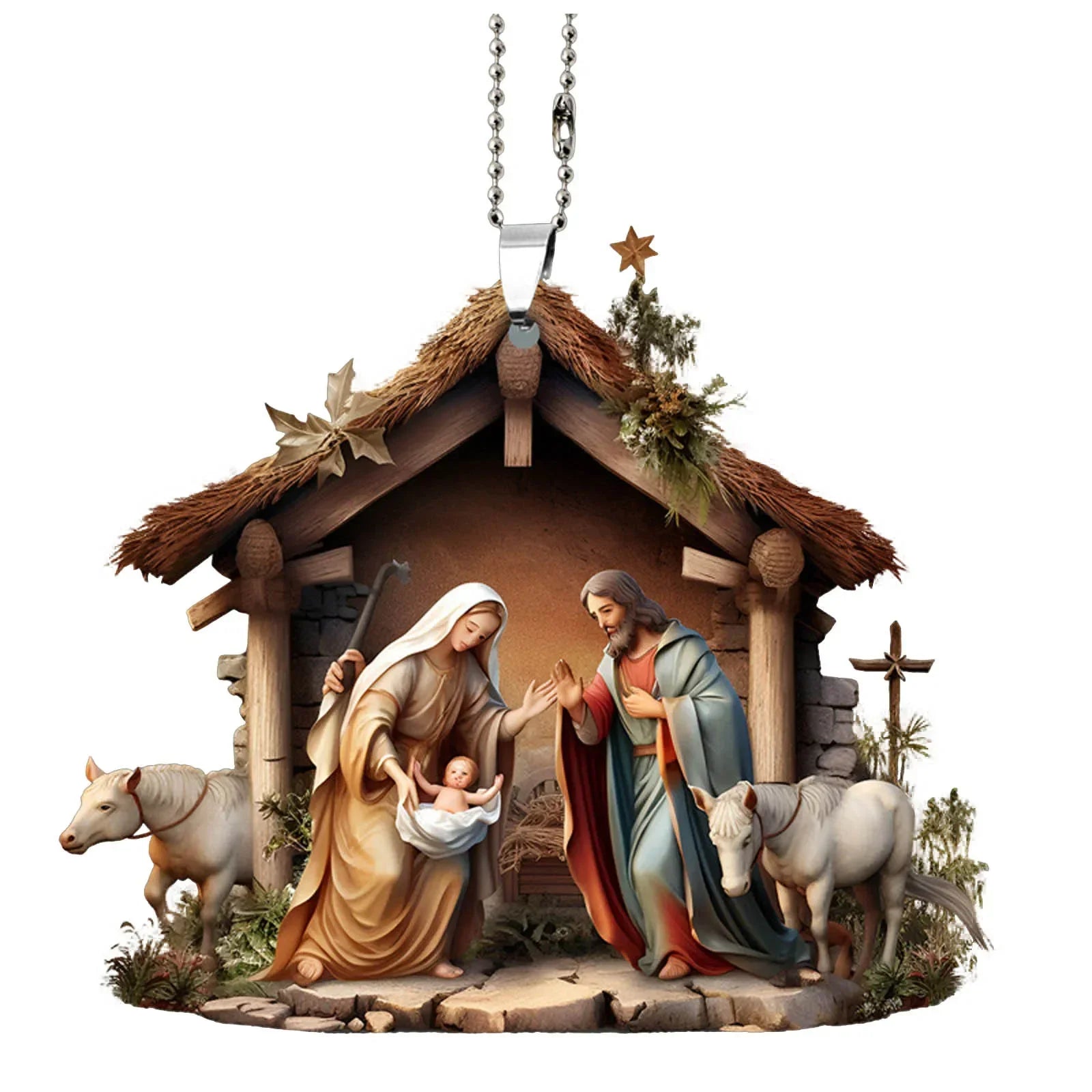 Christmas Tree Jesus Pendant Ornament Family Prayer Scene Pendant Bright Colored Car Decoration Pendant Home Decorations Qme D as picture