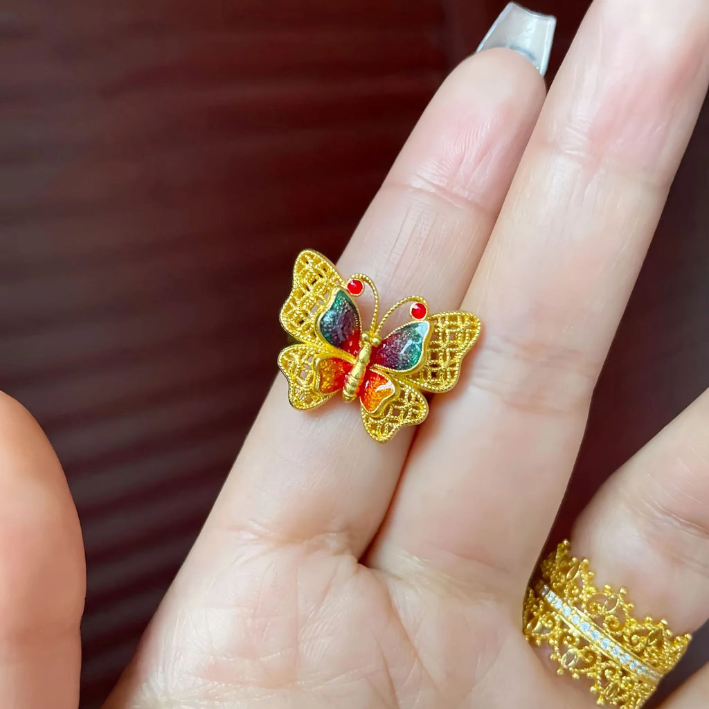 Ancient Fasha Gold Enamel Color Hollow Out Flower Thread Colorful Butterfly Ring for Women Adjustable Party Jewelry Wholesale Qme