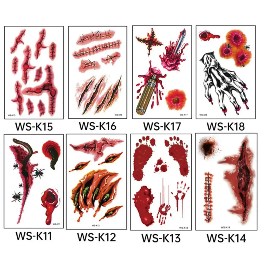 A 10pcs Waterproof Halloween Tattoo Stickers Bleeding Wound Scar Temporary Tattoos for Women Men Fake Tattoo For Halloween Party Qme 8pcs WS-K11K18