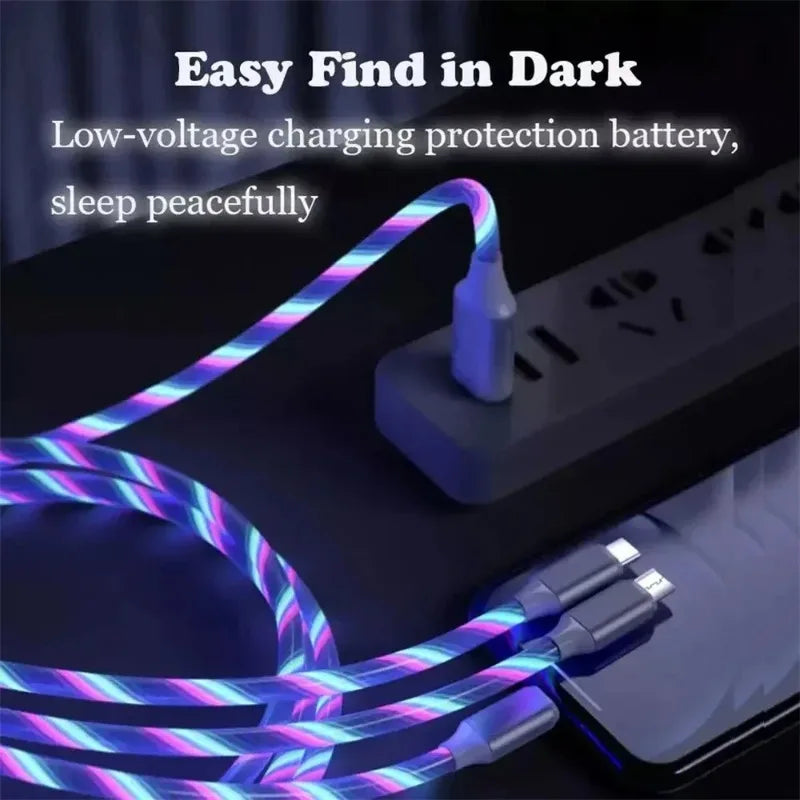 2pcs 3 in 1 Fast Charging Cable for Type C Lightning Android Universal Mobile Phones with Flowing Light Qme