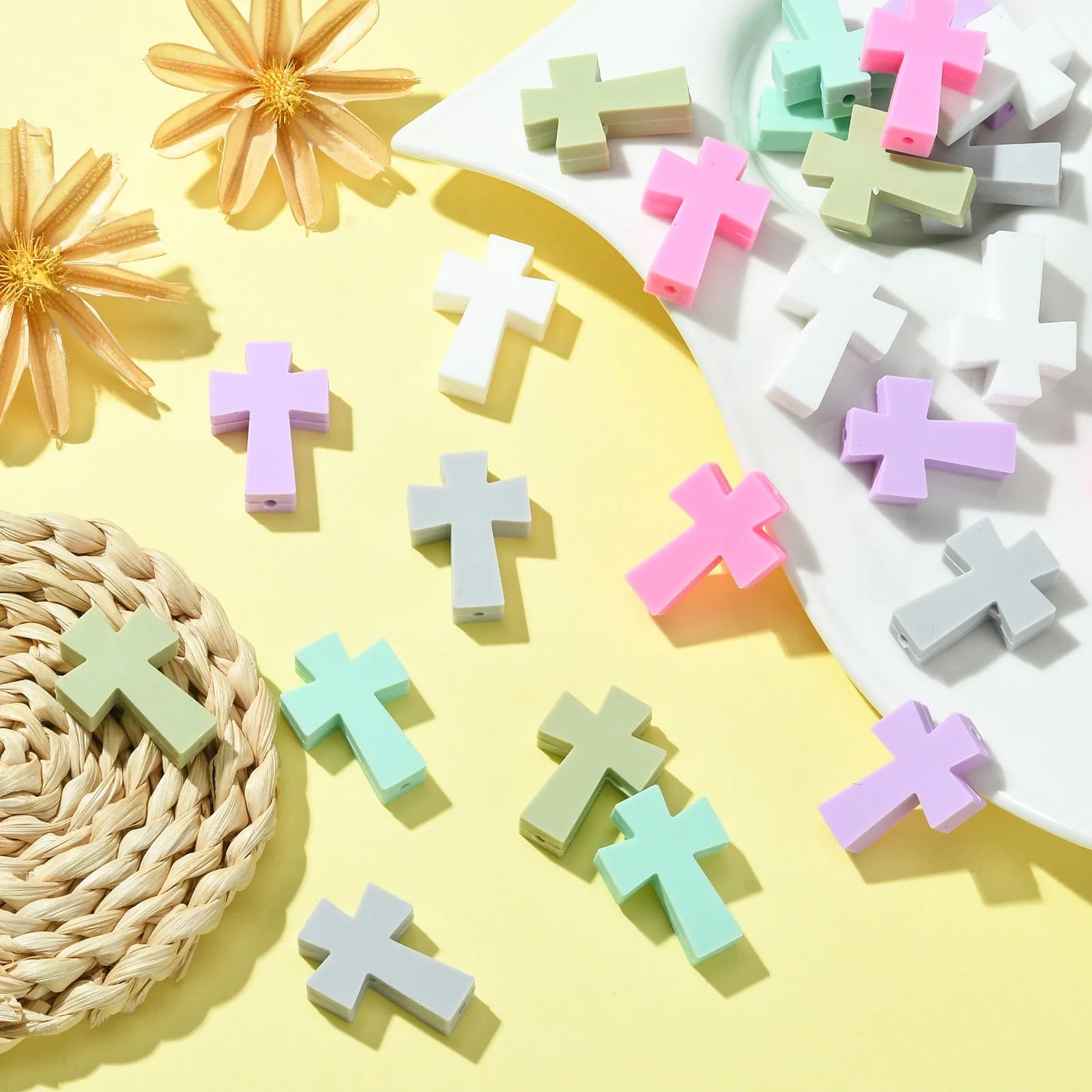 Pandahall 30Pcs 6 Colors Easter Cross Silicone Beads Religion Crucifix Holy Focal Beads for Jewelry Making Supplies Qme