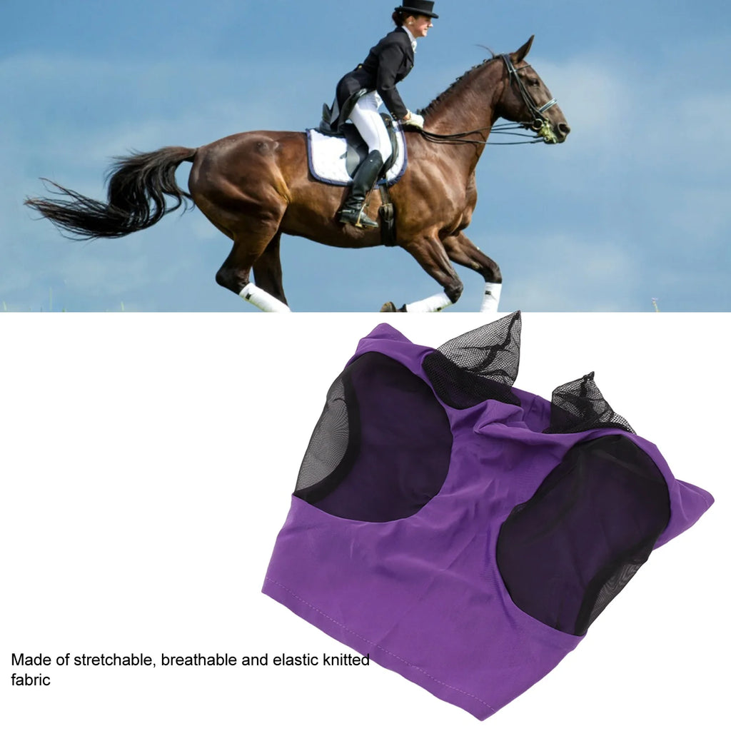 Breathable Horse Fly Mask Mesh Face Cover with Ear Protection Elastic Fit Riding Equestrian Gear for Horse Eye Insect Shield Qme