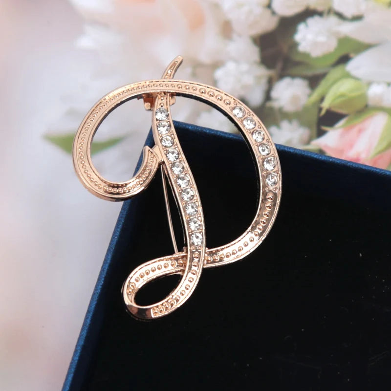 Fashion Women Rhinestone Brooch A-z English Letter Gold Metal Pins Qme D