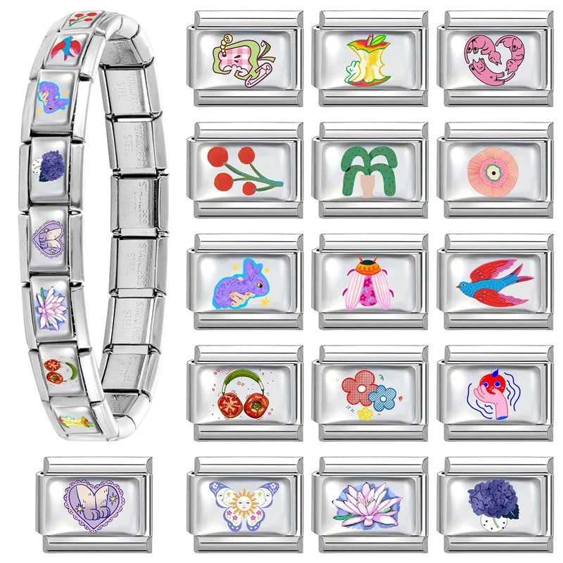 Fashion Women Men Y2k Colorful UV Heart Cat Sun Butterfly Italian Charm Link Fit 9mm Stainless Steel Bracelet DIY Making Jewelry Qme