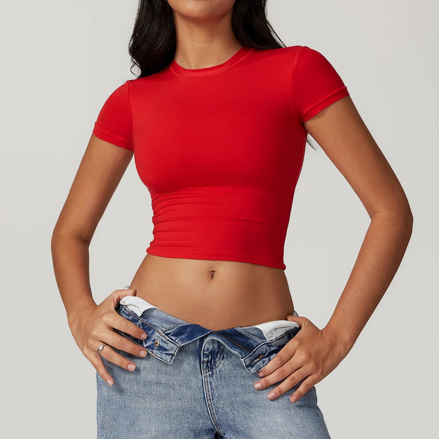 A Women Running Sports T Shirt Summer Short Sleeve Round Neck Breathable Stretchy GYM Yoga Slim Fitness Active Top Tee Qme Big red S