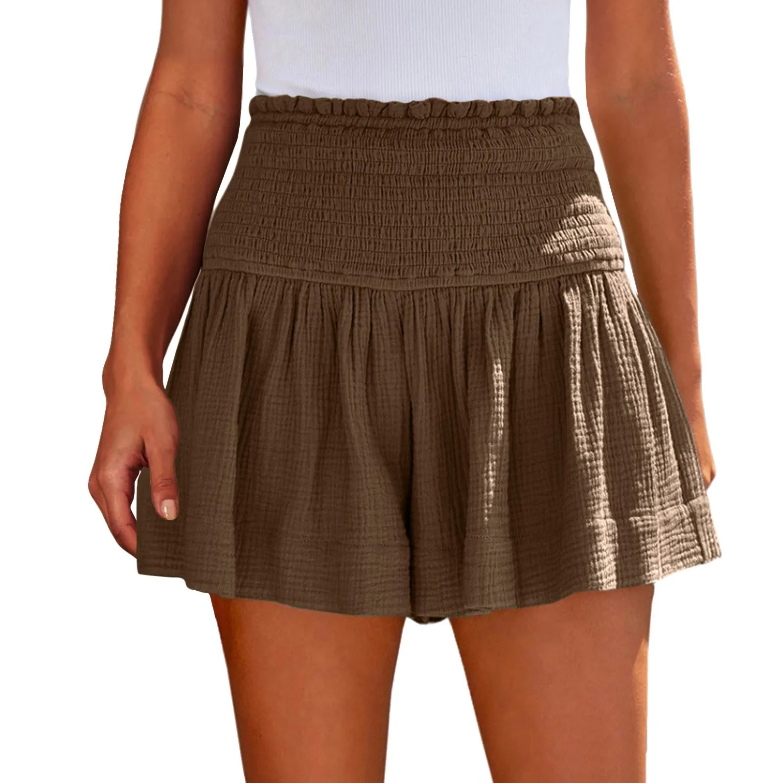 Ladies’ Large Sized High Waist Casual Soft Solid Color Breathable Fashion Wide Leg Shorts Summer Elastic Waist Pleated Trousers Qme Brown L