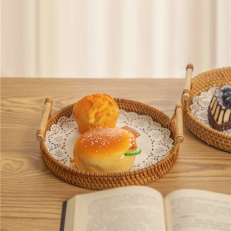 Rattan Strap Handle Storage Basket Bread Snack Fruit Round Round Tray Picnic Woven Storage Basket Qme