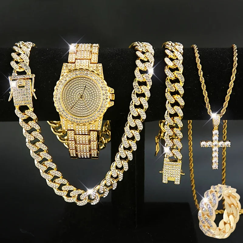 5pcs Men's Watch Set Hip Hop Full Diamond Quartz Watch Set Men's Business Quartz Watch Set Qme Gold