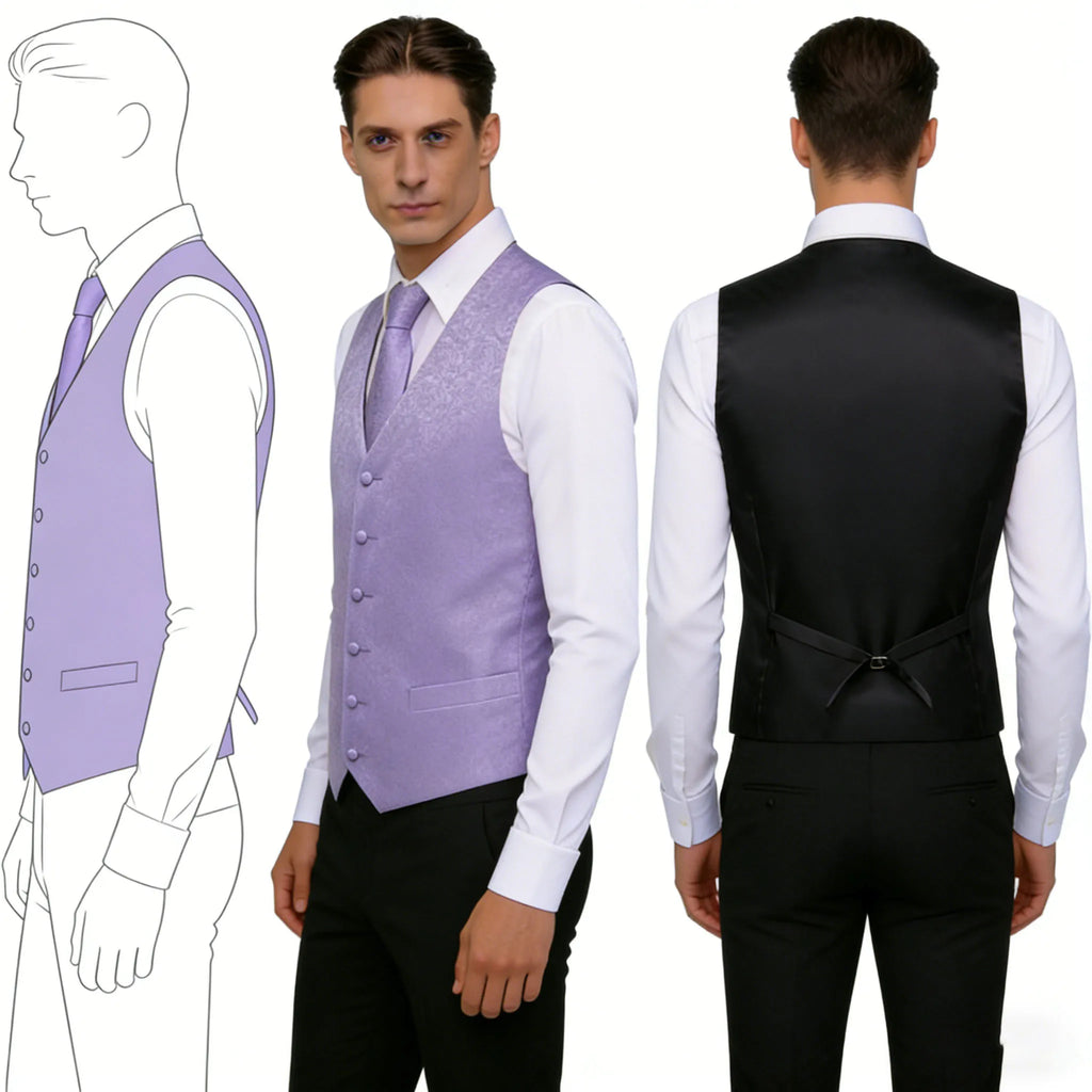 Mens Suit Purple Sky Blue Vest Tie Hanky Cufflinks Set Floral Paisley Waistcoat Sleeveless Jacket Necktie for Wedding Busniess Qme
