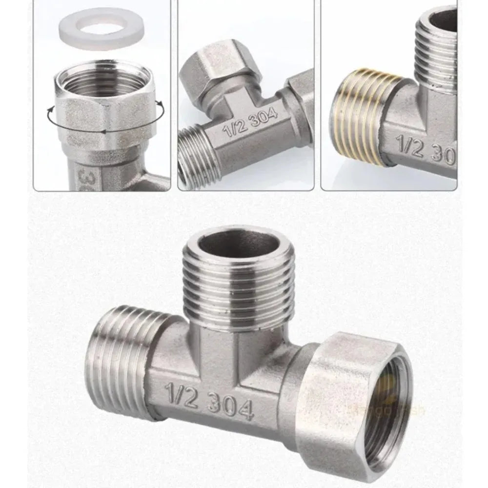 G1/ 2" Stainless Steel Way T-Adapter Bathroom Shower Valve Faucet Water Splitter Toilet Shower Spray Nozzle Converter Pipe Elbow Qme