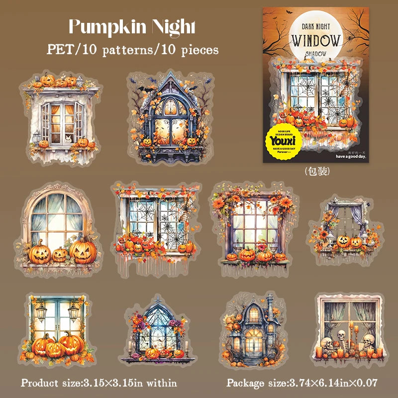 10Sheets/Bag Halloween Horror Window Gothic PET Stickers for Scrapbooking DIY, Collage Journal Decoration, Junk Journal Supplies Qme 4