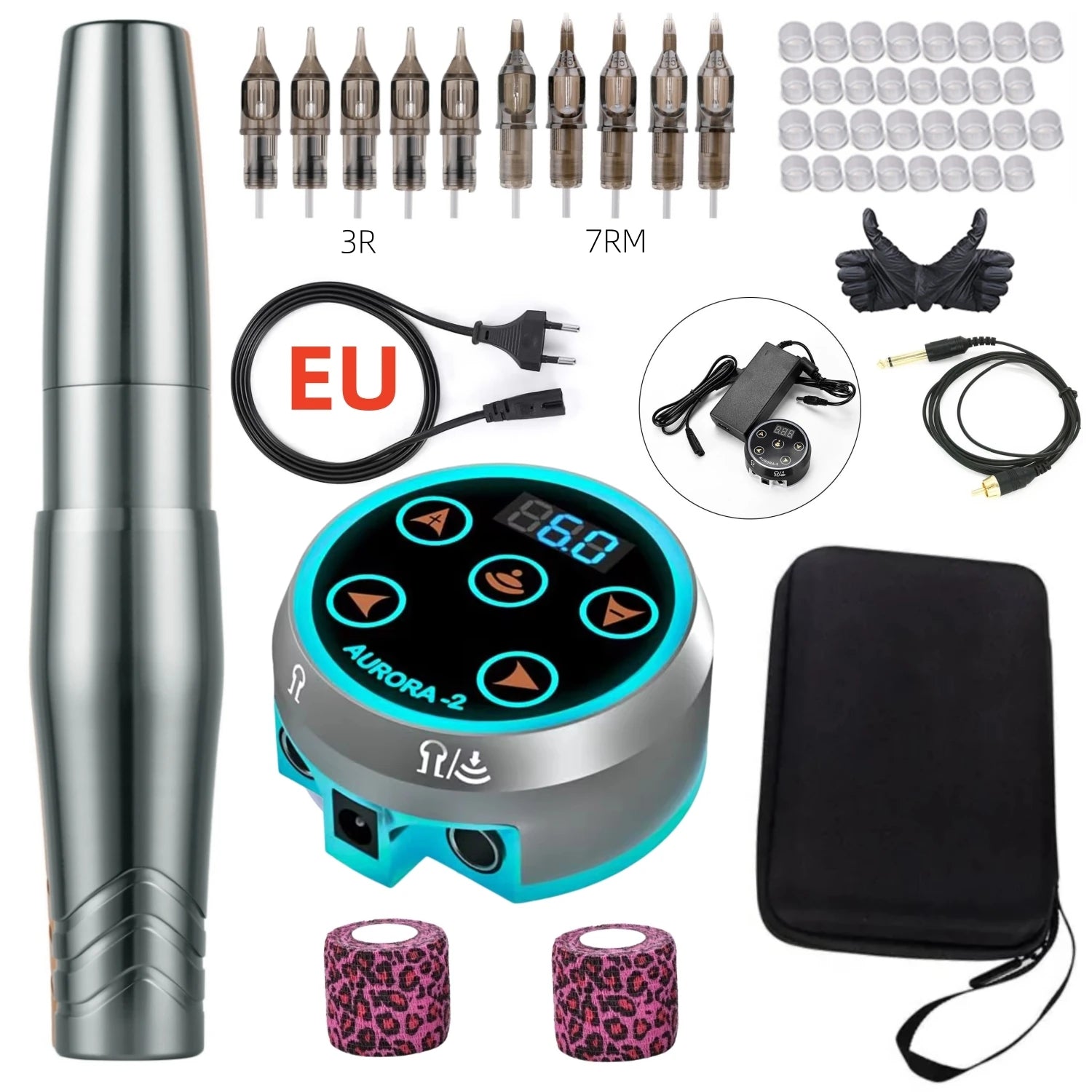 Permanent Makeup Pen Kit Set with AURORA Colorful Tattoo Power Supply PMU Tattoo Equipment for Beauty Enthusiasts Qme Grey Silver Kit