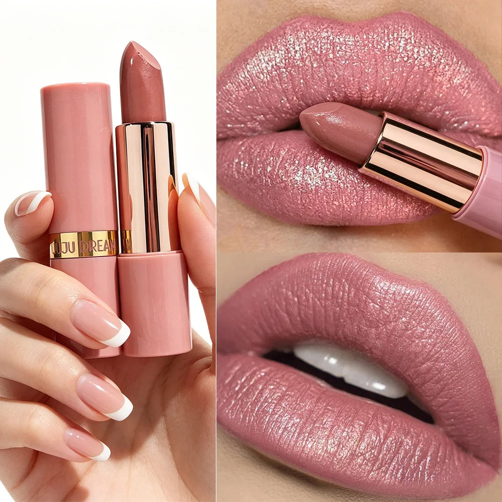 JUJU DREAM Nude Pink Rose Gold Shimmer Lipstick Metallic Glitter Qme