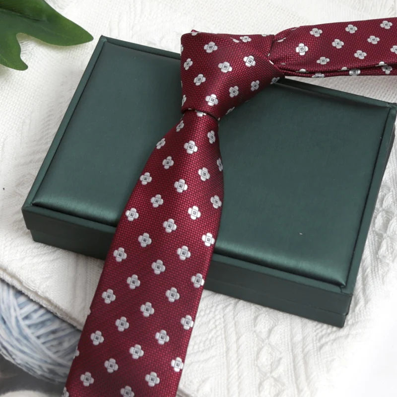 Burgundy JK Flower Jacquard Necktie Year Preppy Tie Graduation School Qme