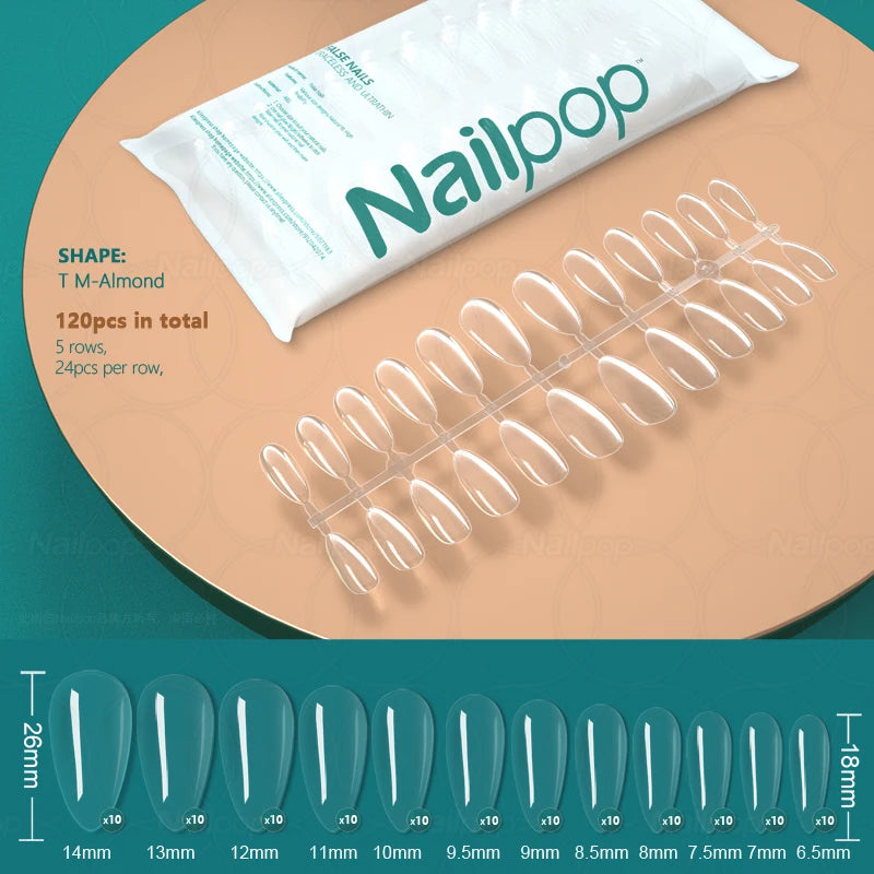 NAILPOP False Nails Acrylic Press Coffin Artificial Clear Fake Nail Qme Clear M-Almond 120