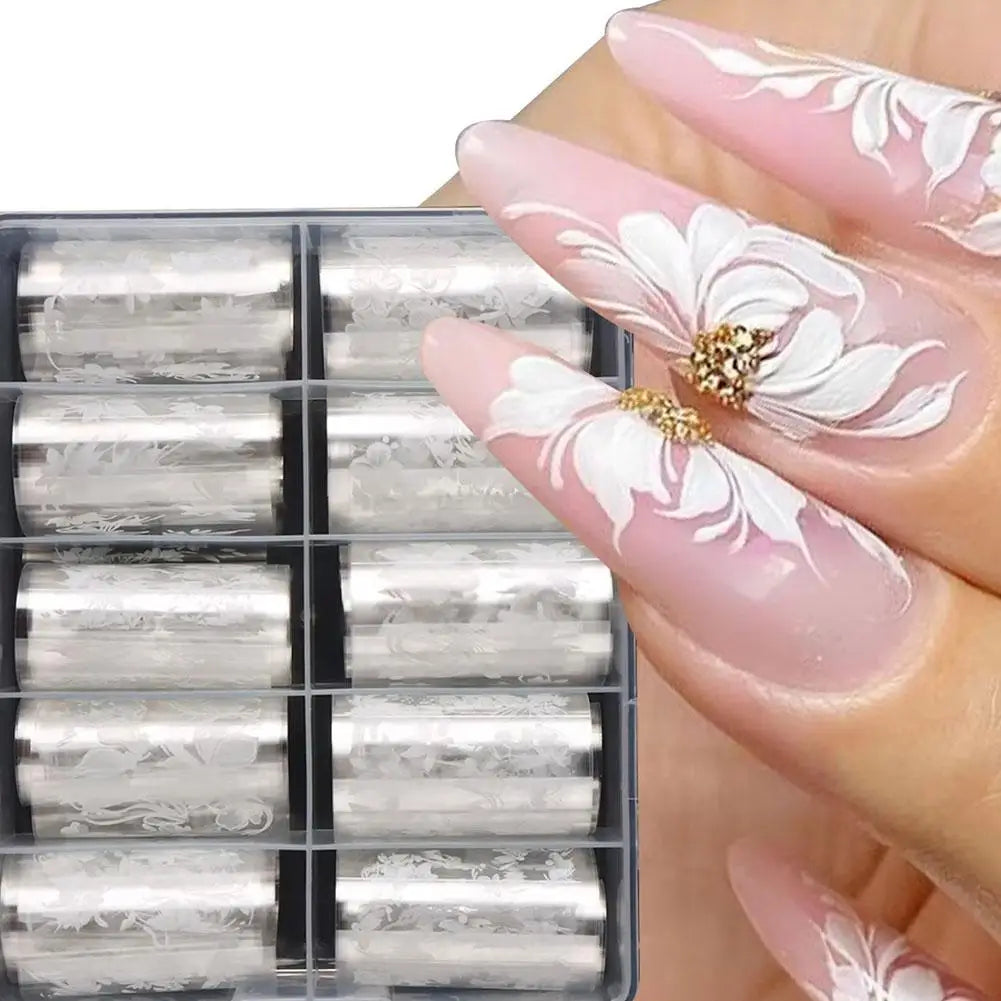 10Roll Box Plaid Flower Nail Foil Transfer Stickers Art Self-adhesive Qme
