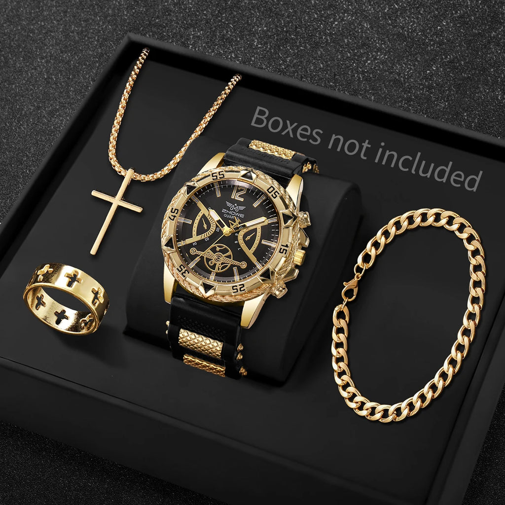 4PCS Fashion Silicone Strap Men Sports Watches Luxury Mens Business Watches Jewelry Set Reloj Hombre (Without Box) Qme Black Gold No Box