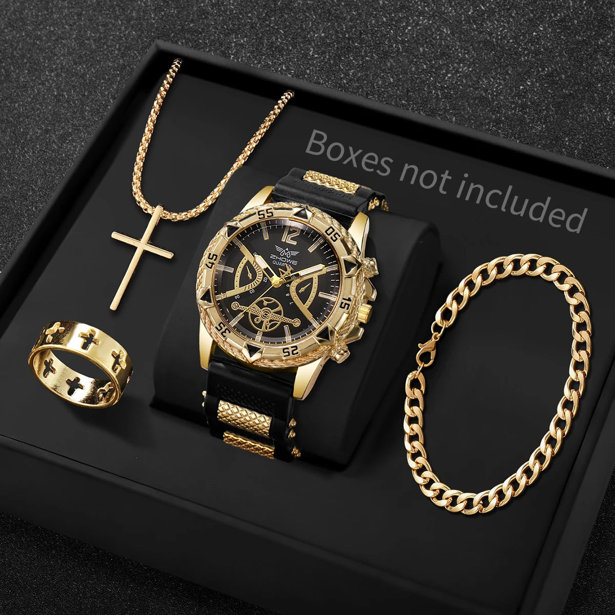 Luxury Sport Men Quartz Watch Jewelry Kit, Hollow Dial Gold Accent Wristwatch Matching Cross Jewelry Present for Boys Qme Black Gold No Box