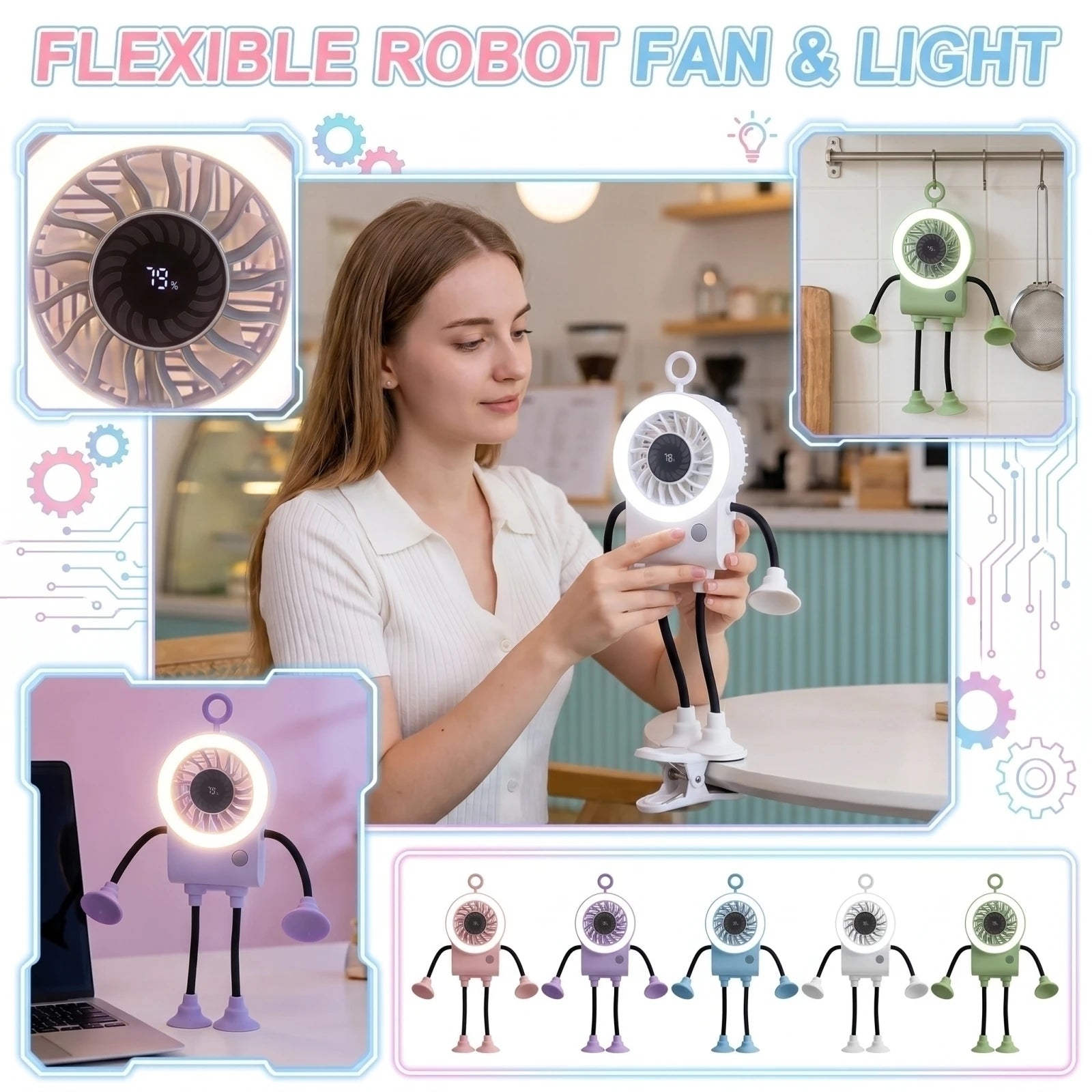 Mini Lovely Electric Fans Foldable Design Protable Outdoor and Office Fans with Suction Cup and Digital Display Summer Essential Qme