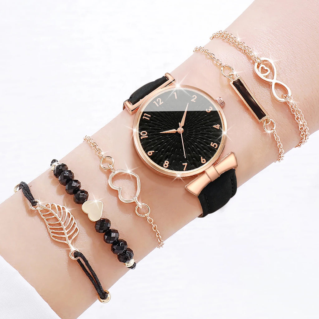 6pcs/set Ladies' belt watch, student ins style Korean version, simple temperament, light luxury, niche with calendar quartz Qme 6pcs set no box