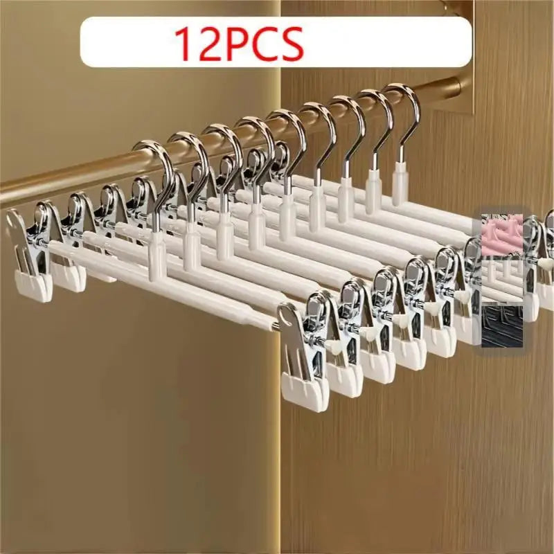 12Pcs Adjustable Metal Hangers With Clips Non-Slip Space-Saving For Pants/Skirts & All Garments Keep Clothes Tidy & Organized Qme White 12pcs