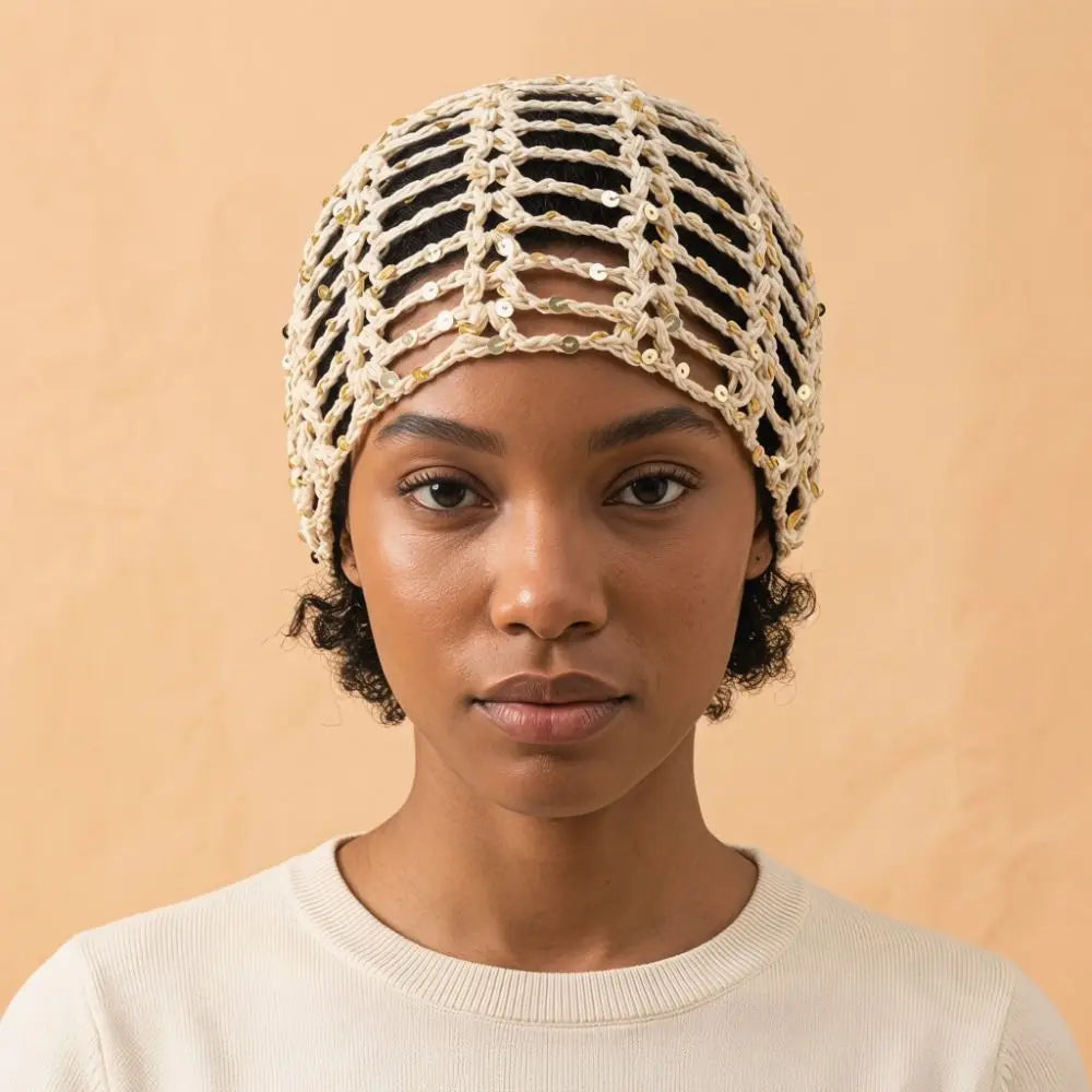 Retro Elegant Hollowed Out Knitted Hat Thin Solid Crochet Sequined Qme