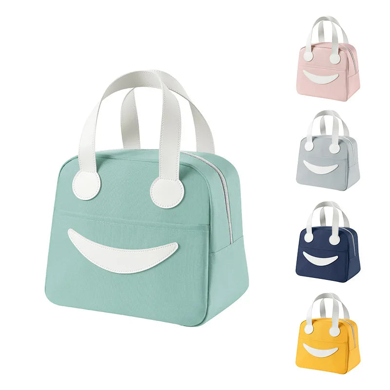 A Portable Cute Smile Lunch Bag Insulated Refrigerated Food Safe Girls Warm Food Picnic Office Student Zip Food Storage Box Qme