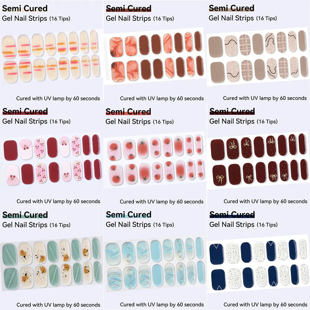 16Tips Semi-cured Gel Nail Sticker Colorful French Glitter UV LED Qme