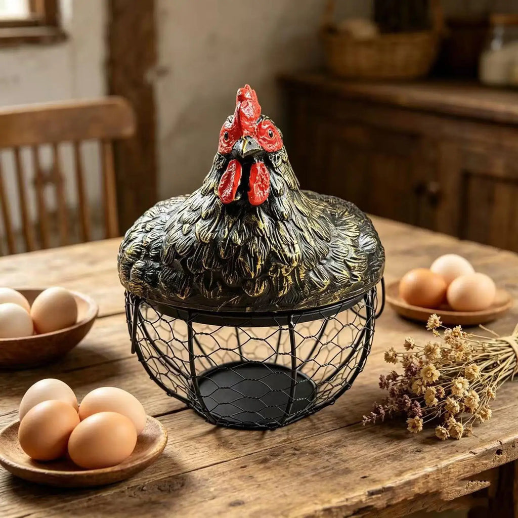 Egg Collecting Basket Chicken Design Lid Organizer Container Portable Round Collectiong Basket For Home Countertop Living Room Qme