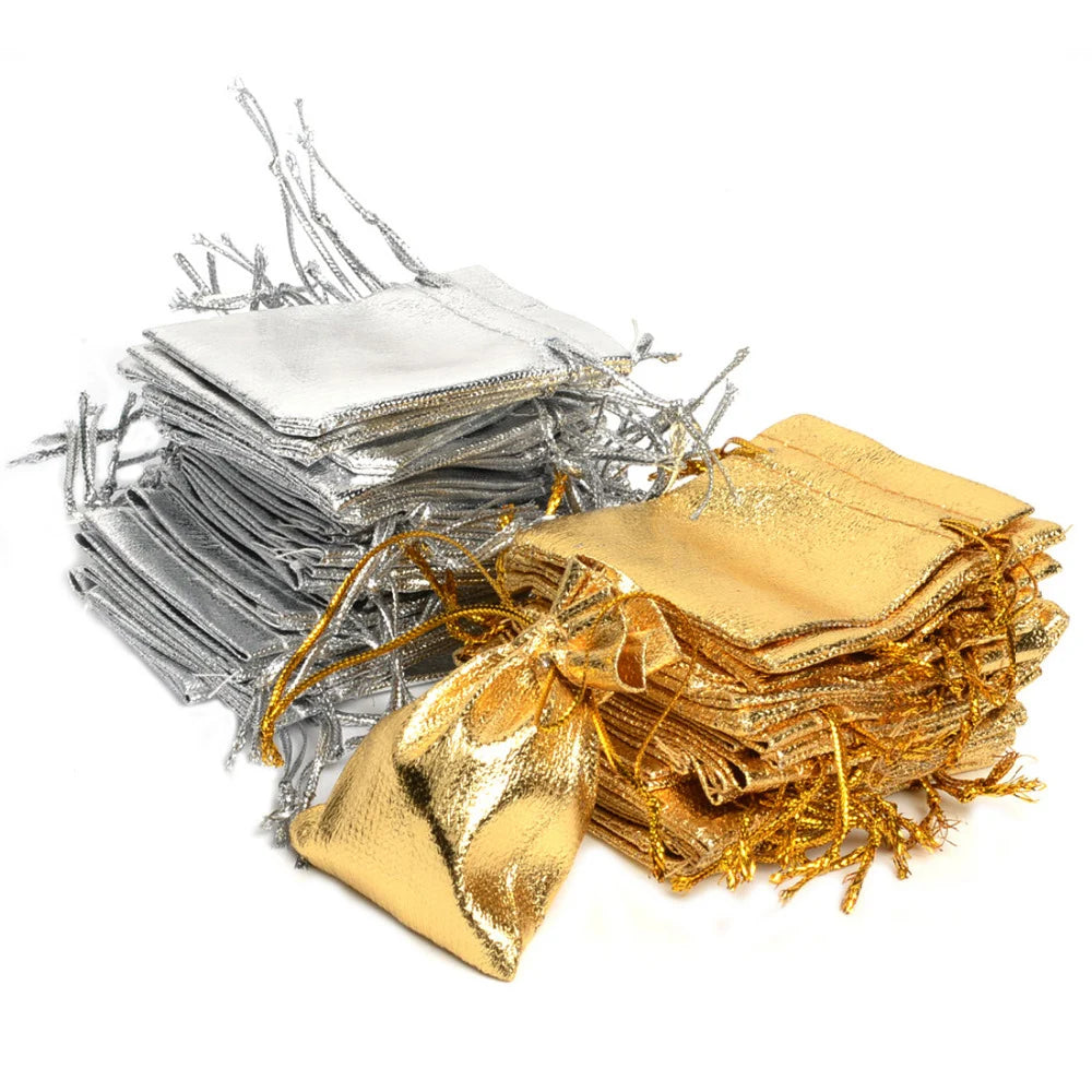 50pcs 5x7cm 7x9cm 9x12cm Metallic Foil Jewelry Packing Silver/Gold Color Drawstring Bag,Wedding Gift Candy Bags&Pouches Qme