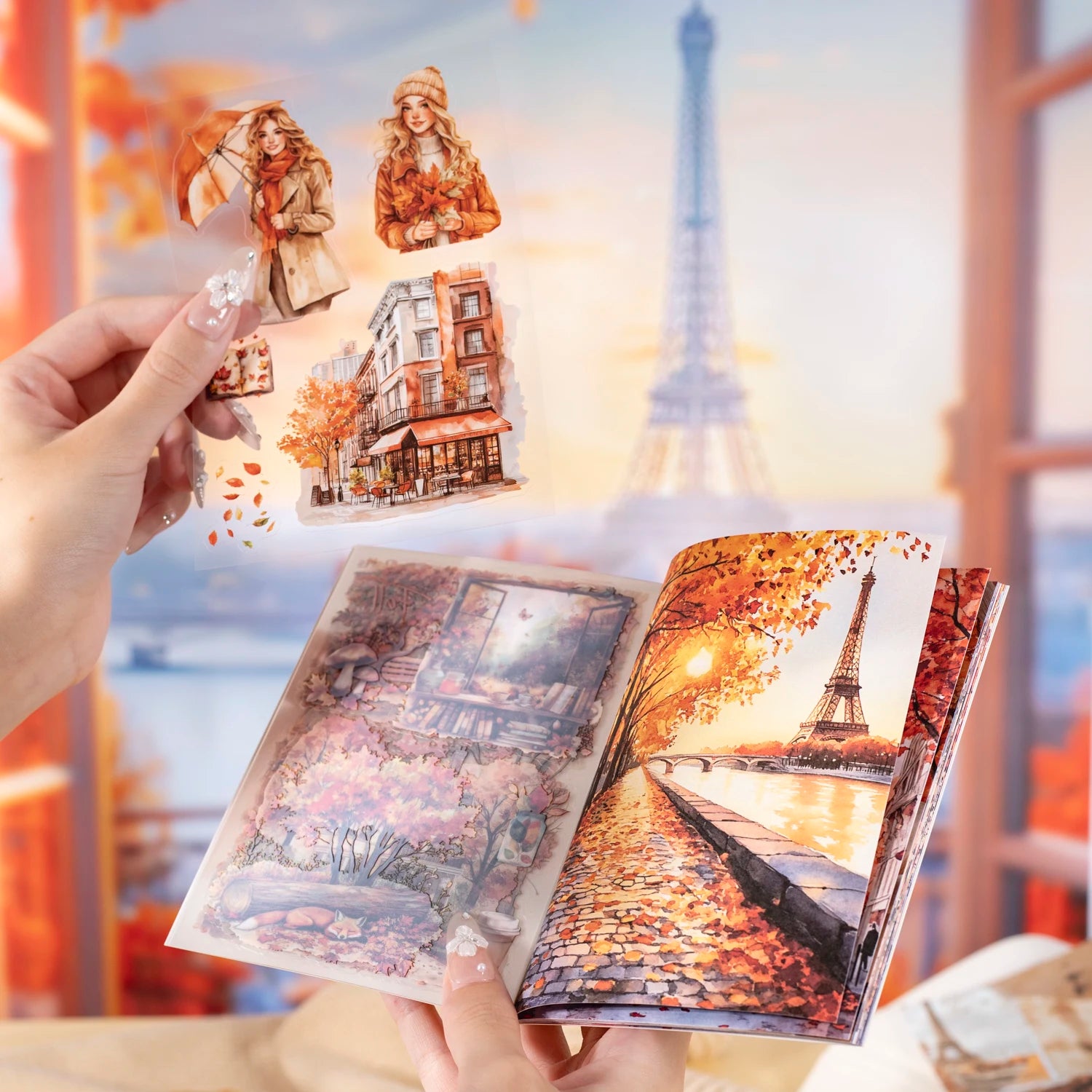 20 Sheets Paris Autumn Series Travel Theme Dual Material Sticker Book for DIY Scrapbooking Photo Frame Collage Decoration Qme