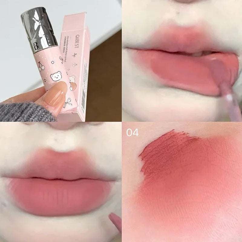QIBEST New 4 Colors Velvet Matte Ink Lipgloss Lasting Sexy Red Lip Gloss Non-stick Cup Lipstick Waterproof Lip Stain Tint Makeup Qme 04