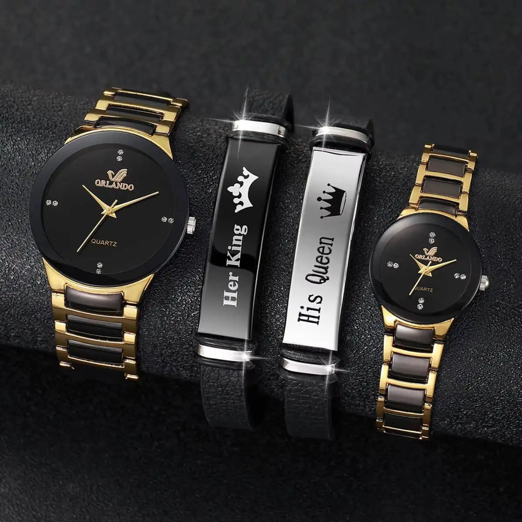 4PCS Tri color quartz watch fashion casual set rhinestone steel strip watch couple watch set Qme 4PCS Set
